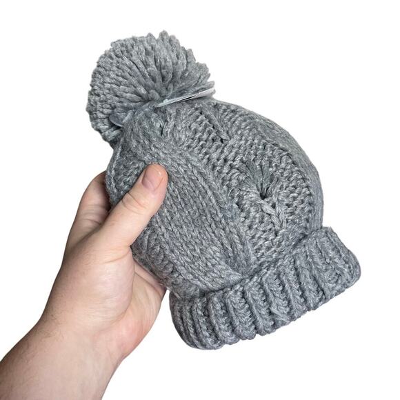 aerie Accessories - NWT AERIE Women’s Gray Cableknit Pompom Fold over Beanie one size